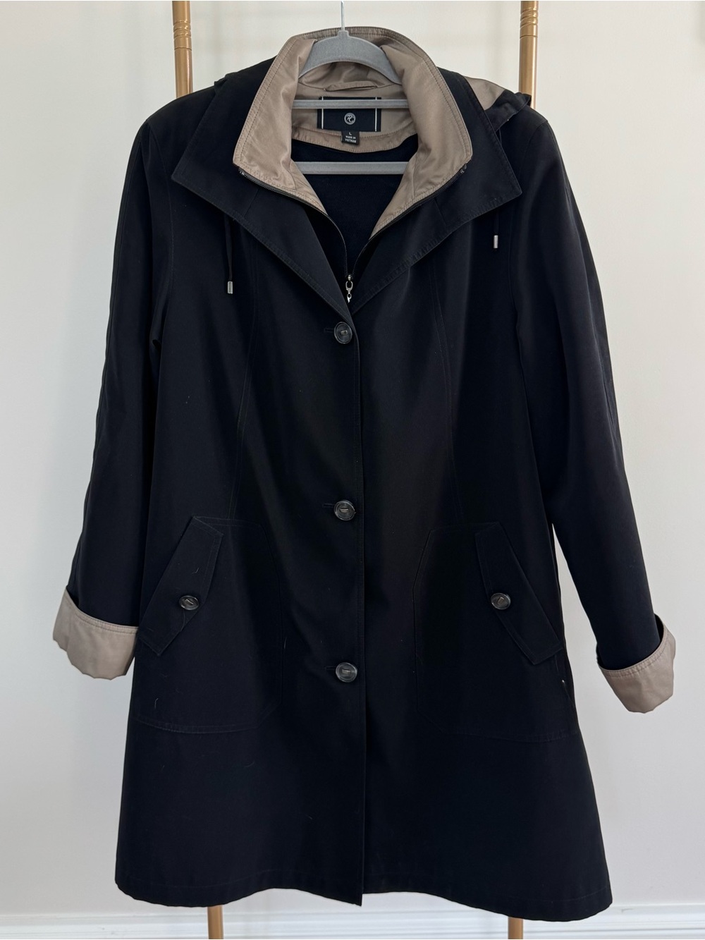 Self-Portrait Black Trench Coat with Tan Contrast Trim